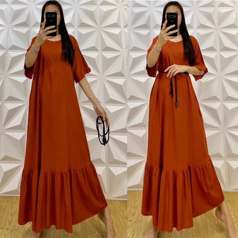 daster MONA tangan 3/4 PB 130cm /daster panjang rempel tangan 3/4  JUMBO premium sleting /busui/rempel tangan 3/4/ tangan pendek/ tali grosir ecer SEMATA KAKI RAYON-bata