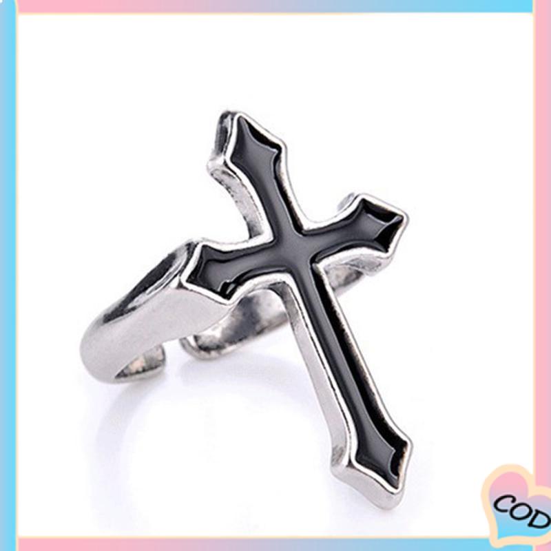 COD❤️ Retro Fashion Cross Cincin Pria Wanita Minyak Menetes Punk Jari Telunjuk Tren Cincin Hitam-A.one