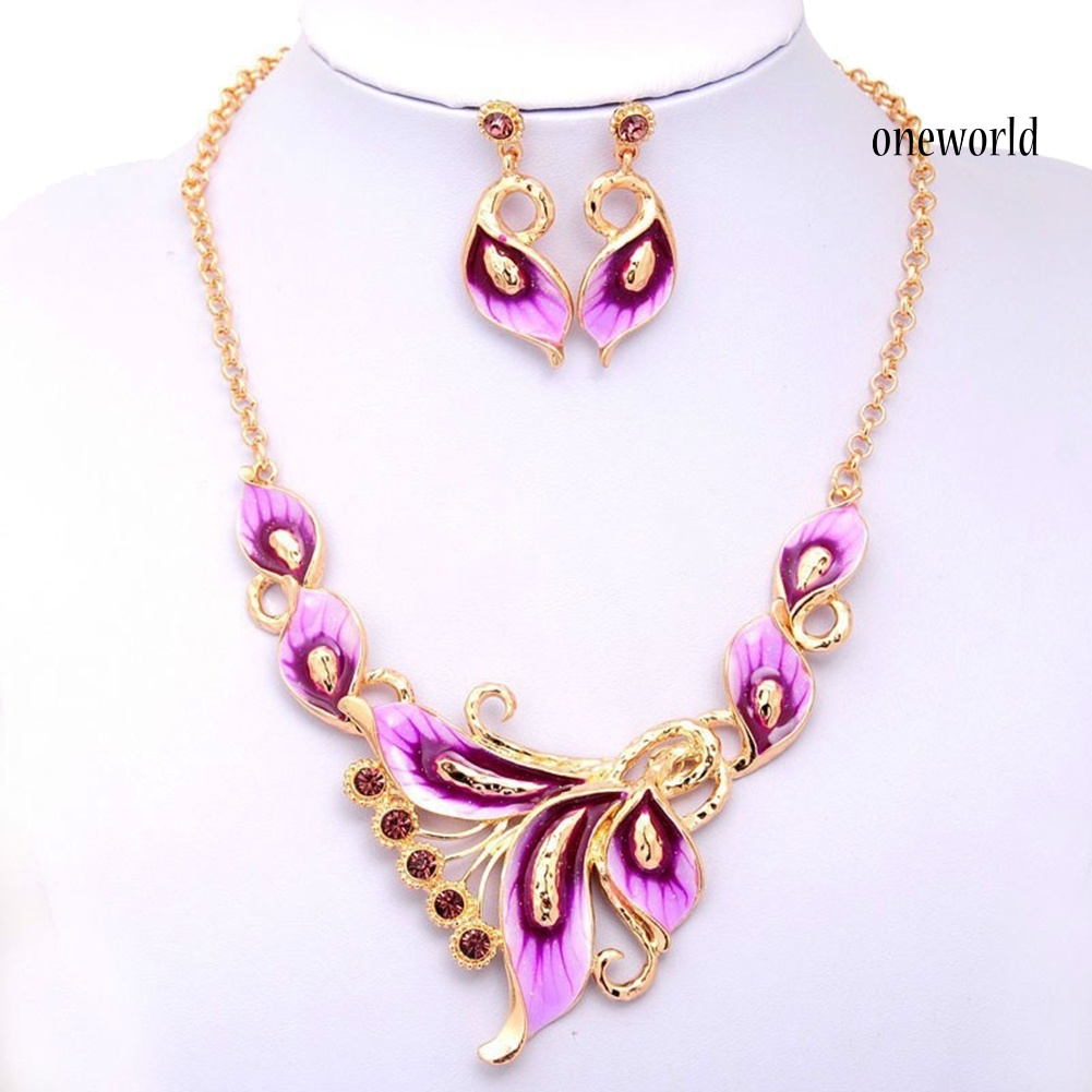 OW@ Women Enamel Flower Charm Rhinestone Stud Earrings Chain Necklace Jewelry Set