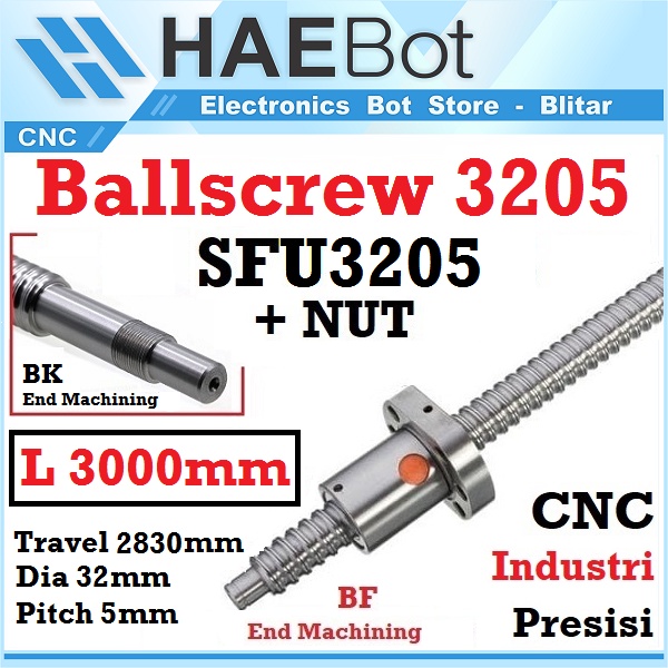 [HAEBOT] Ballscrew Ball screw SFU3205 SFU 3205 3000mm 300cm CNC End Machined + Nut Router Milling Mesin Presisi Z Axis Leadscrew 32mm Pitch 5mm Industri Otomasi