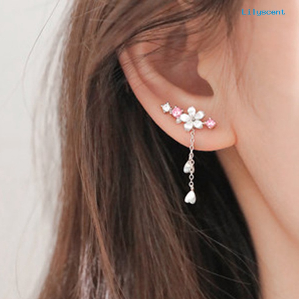 1 Pasang Anting Kait Juntai Berlian Imitasi Bentuk Hati Cherry Blossom Bahan Alloy Untuk Liburan