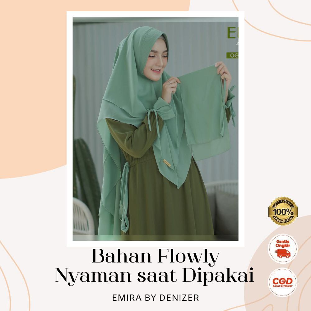 Emira Series - Denizer Gamis Syari Set Khimar Baju Ngaji Wanita Dewasa Bahan Ceruty Premium Free Cad
