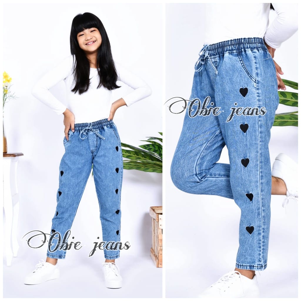 CELANA JEANS ANAK BAGGY SNOW WASH FULL BORDIL, LOVE, QOALA CELANA PEREMPUAN BUNGA CEMPAKA SOBEK ANTI TEMBUS