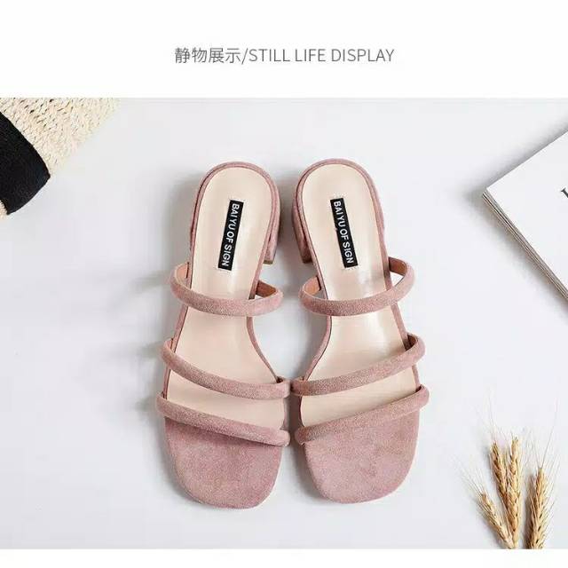 Sandal Wanita Hak Tahu 3cm suede Tali 3-5
