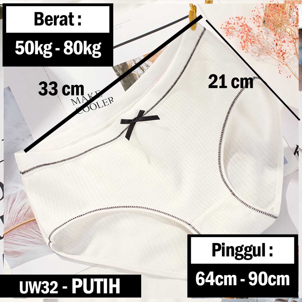3SP | UW32 Celana Dalam Remaja Wanita Garis Polos Pita List Hitam Fashion Korea Import-Putih