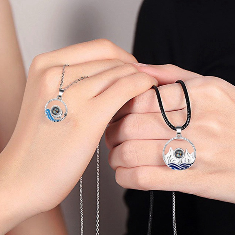 Black 2Pcs 100 Different Language I Love U Nanotechnology Lover Pendant Necklace Mountain Range Ocean Wave Lovers Jewelry Set