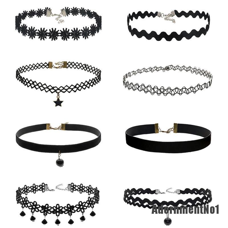 (Adornmentno1) 8pcs / set Kalung Choker Velvet Hitam Gaya Vintage Untuk Wanita