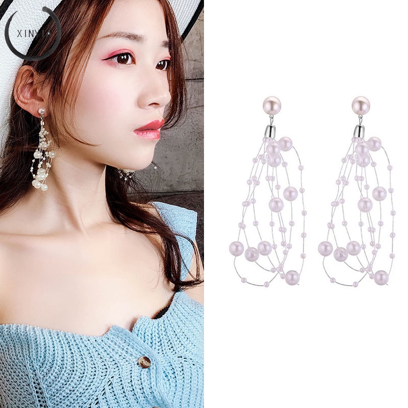 Anting Mutiara Korea String Geometris Mutiara Anting Rumbai Panjang