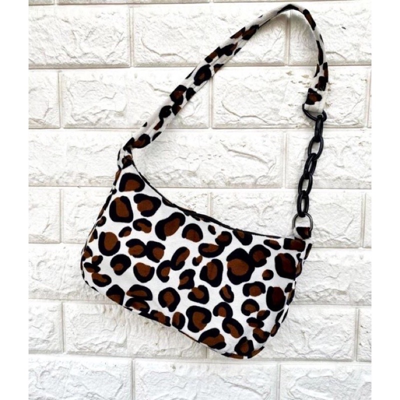 TAS SELEMPANG SAPI ZEBRA LEOPARD WANITA ANIMALS FLUFFY FUR BAG SHOULDER BAG HAND BAG SLING BAG KOREA VINTAGE BAHAN BULU BLUDRU-Leopard tali rantai
