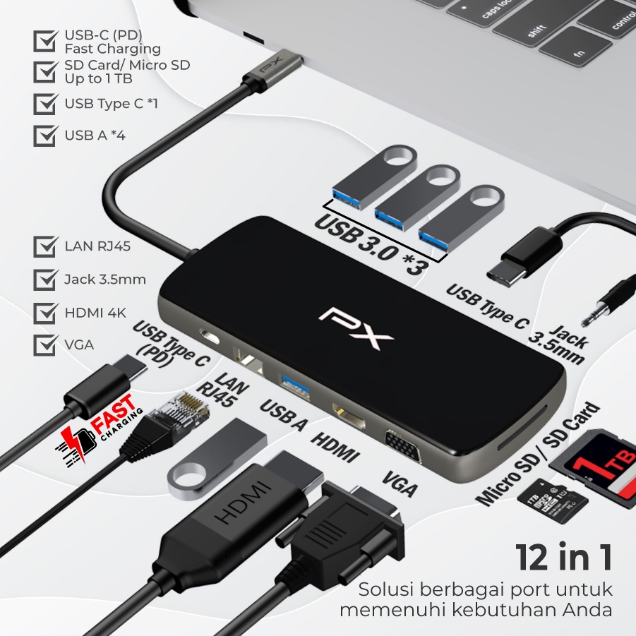 Hub Converter Type C 3.1 Macbook Laptop HDMI USB 12 in 1 PX UCH120B