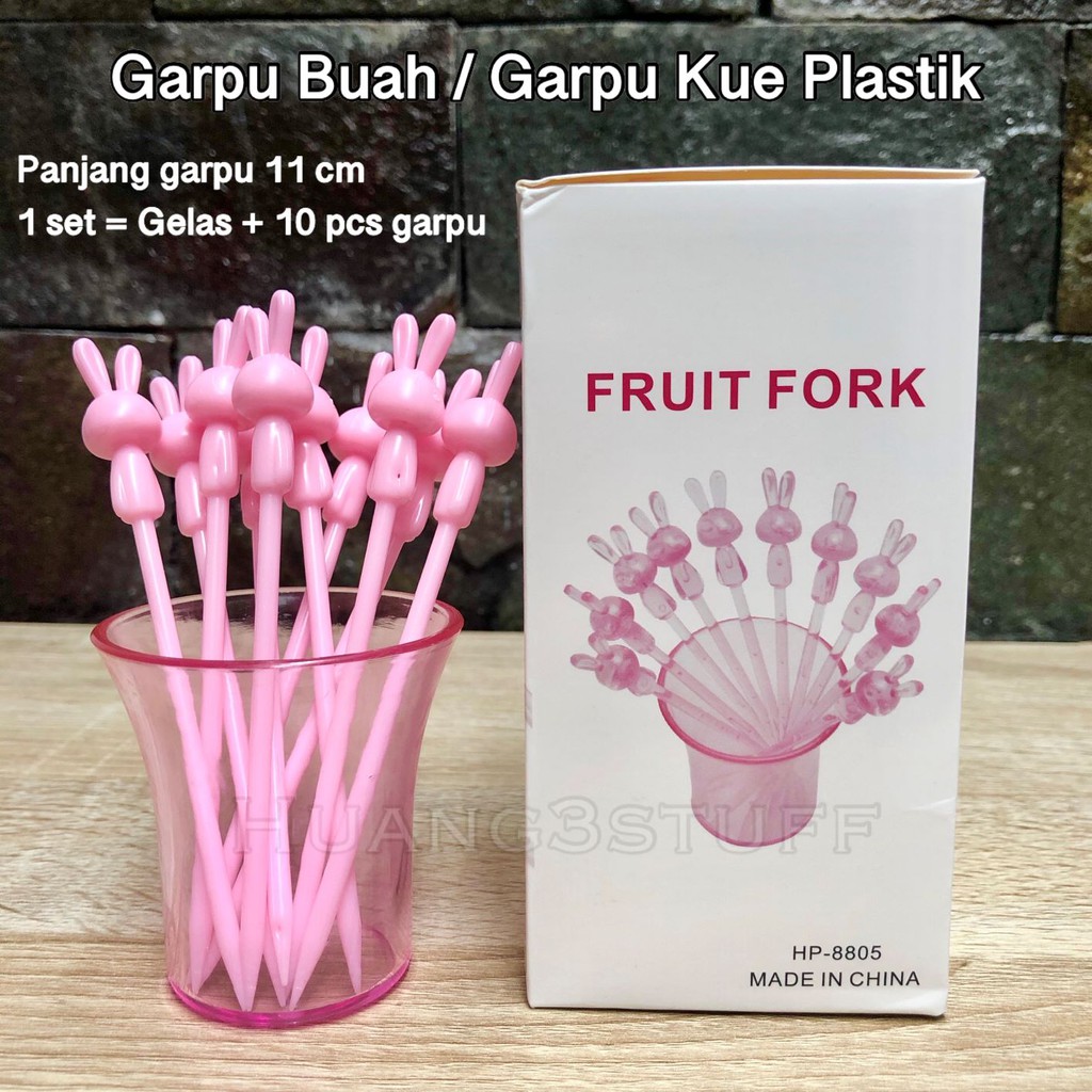 Garpu Mini Buah Kue Plastik Motif Kelinci Warna Pink Plus Gelas Souvenier Murah