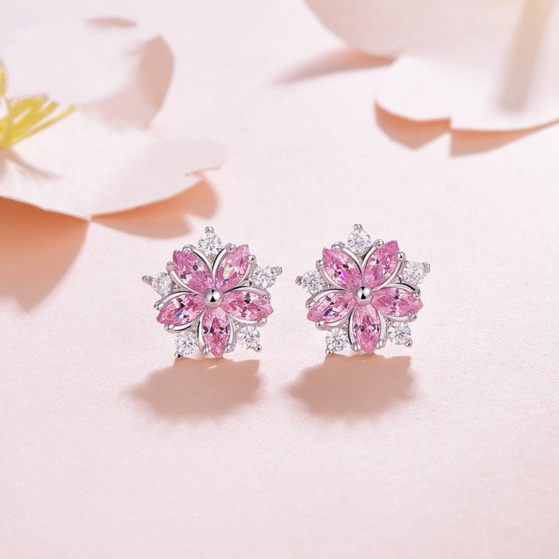 Anting Desain Bunga Sakura Bahan Stainless Warna Pink Aksen Berlian Untuk Aksesoris