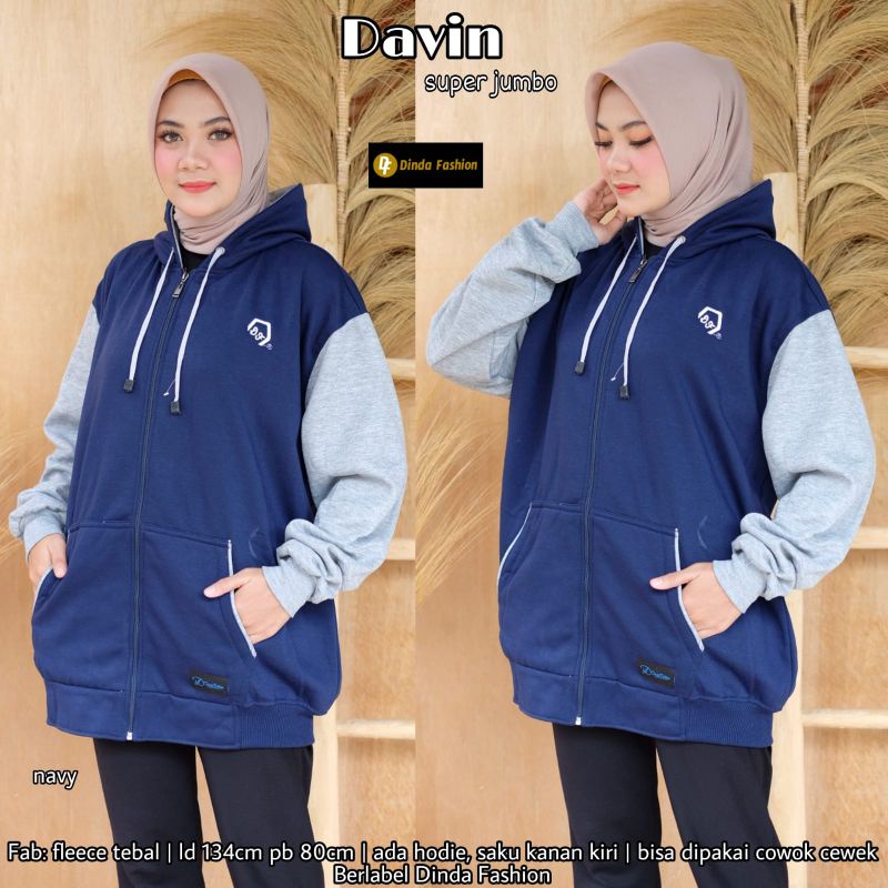 JAKET HOODIE WANITA DAVIN SUPER JUMBO FLEECE TEBAL ORI BY DINDA FASHION LD 134 PB 80 UNISEX LD 134-1