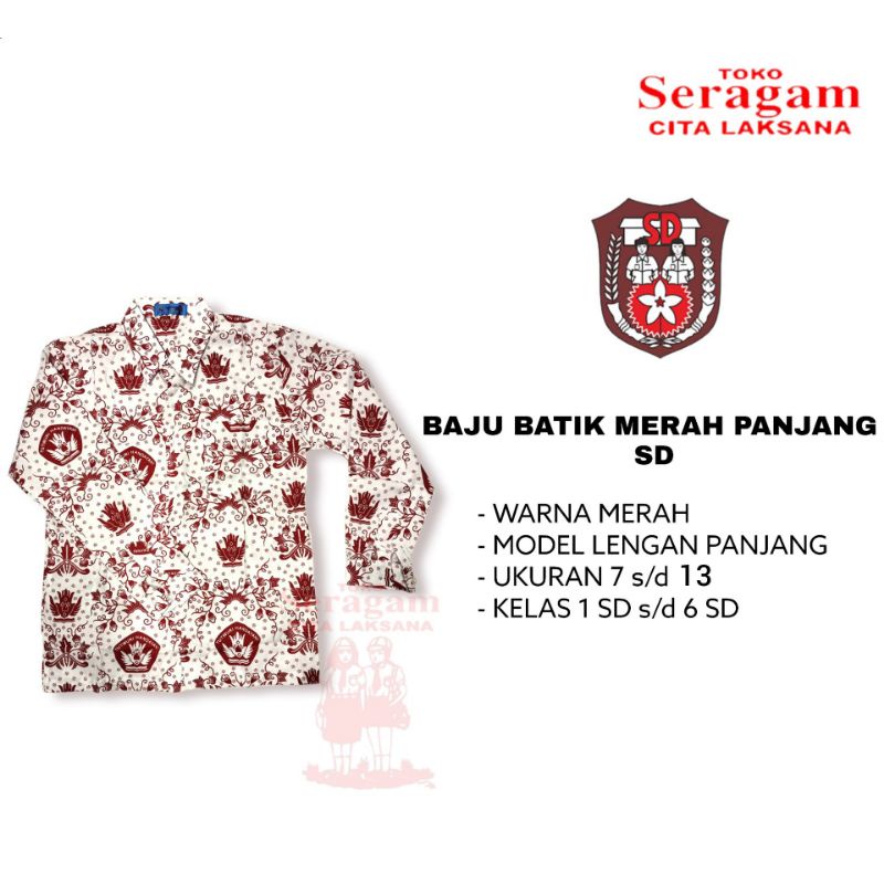 Seragam Sekolah Baju SD Batik Merah Lengan Panjang