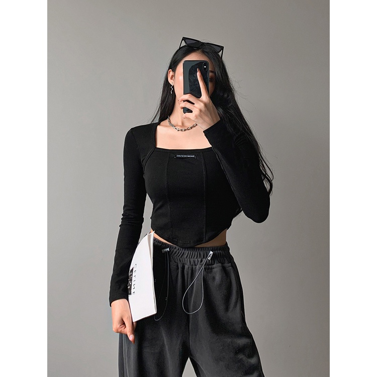 Kaos Lengan Panjang Wanita Atasan Crop Top Korean Style