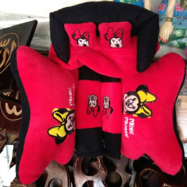 TERMURAH! TERLARIS! 1 SET BANTAL MOBIL ISI 2 BANTAL KURSI, 2 SEAT BELT DAN TEMPAT TISU MICKEY MOUSE