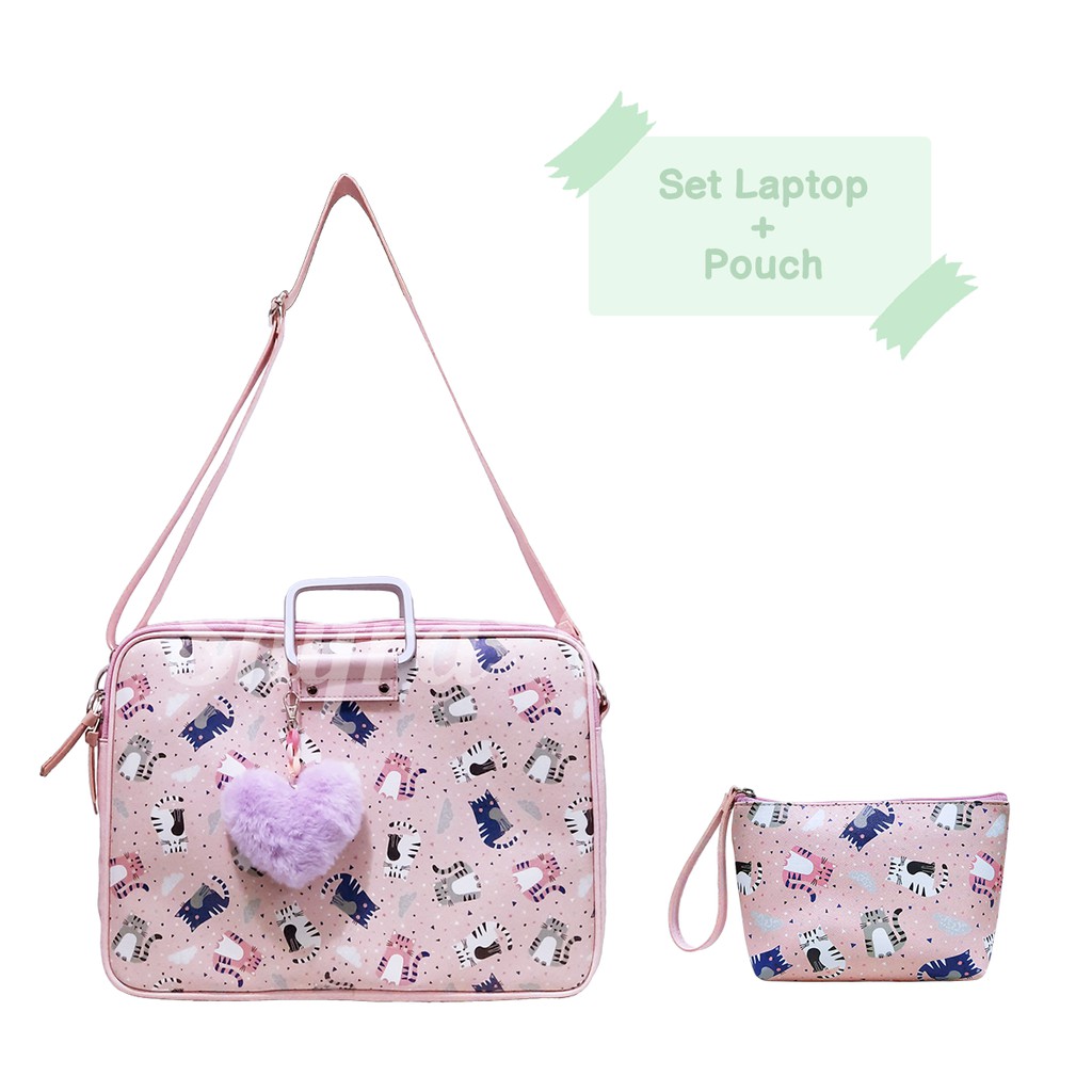 Shifra Tas Laptop Selempang Gagang Metal Tali Panjang Dino Panda Unicorn Cat Set Pouch