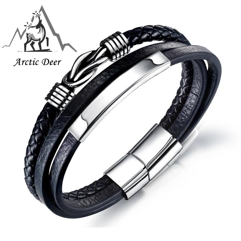 Gelang pria Kulit Stainless Steel,Men's Stainless Steel Leather Bracelet  Original Arctic Deer