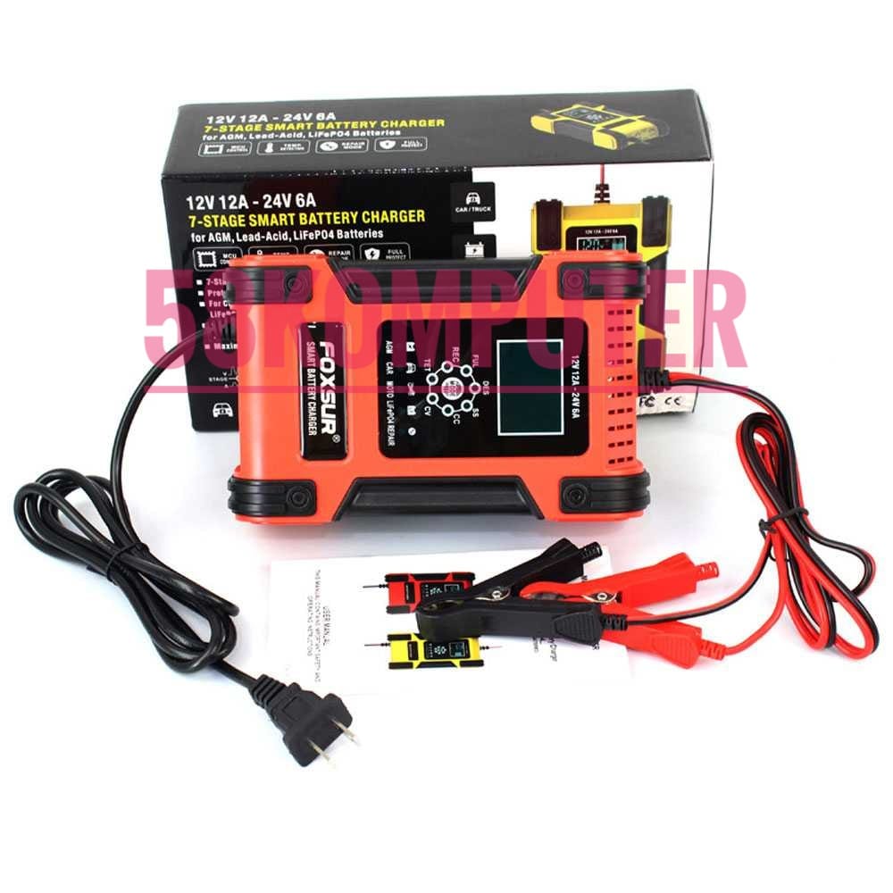 Charger Aki Mobil Otomatis 105W 12-24V 12A 200Ah With LCD