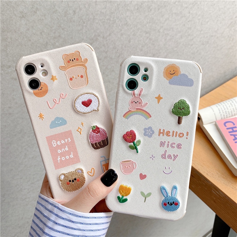 Embroidered Cartoon Bear Phone Case For IPhone 13 12 11 7 8Plus XsMax Max 11 12 Pro Promax X Xs Xr Se2020