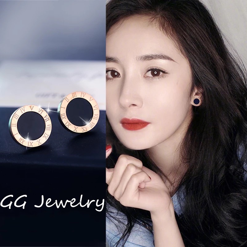 Anting Tusuk Lapis Rose Gold 18k Desain Angka Romawi Gaya Korea Untuk Wanita