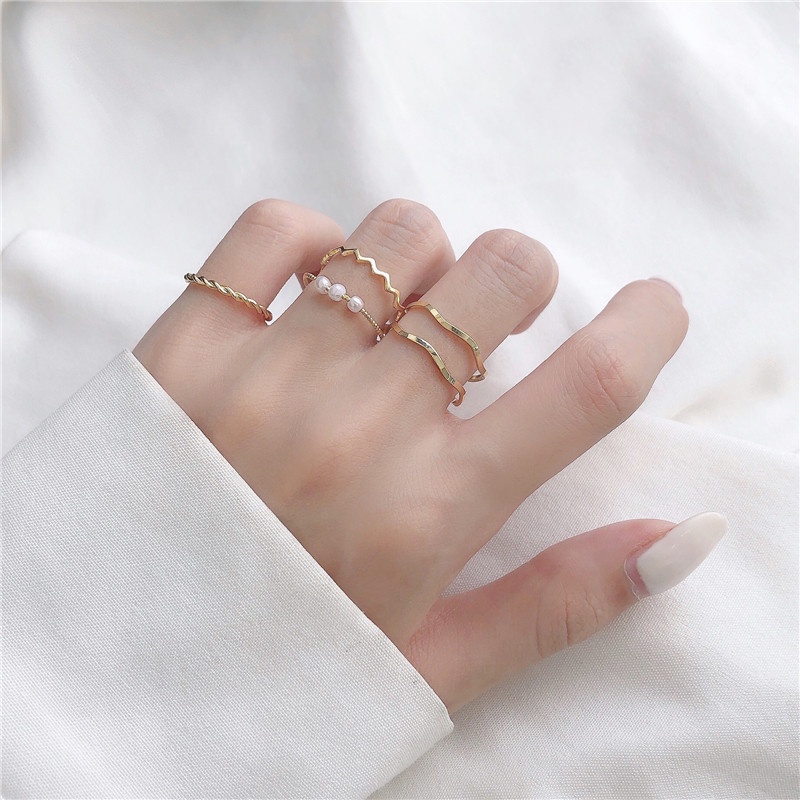 Set Cincin Model Gelombang Aksen Mutiara Untuk Aksesoris