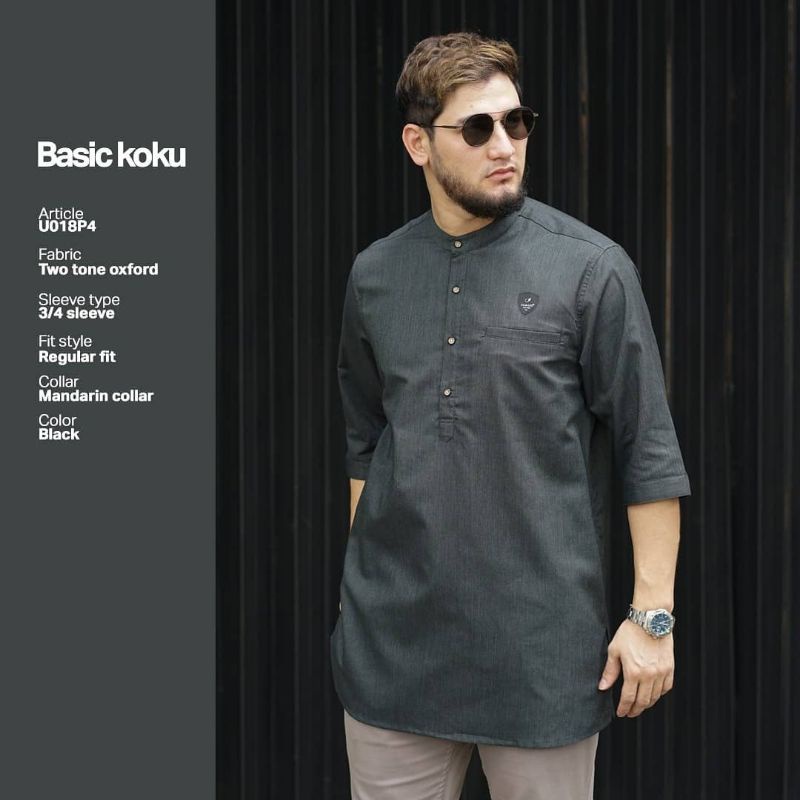 Samase Koku Basic Koko Kurta  U 018 P - Black - Two Tone Oxford - Lengan 3/4
