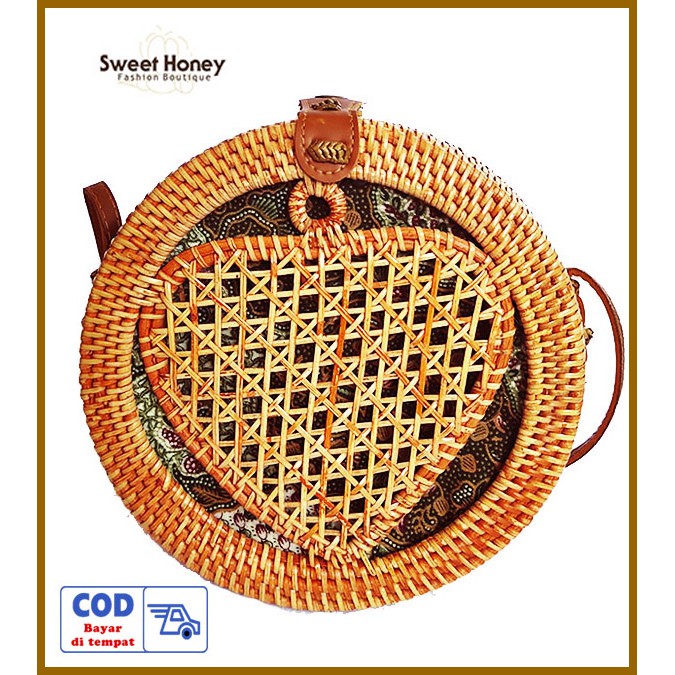 Sweet Honey - Grosir Tas Rotan Bulat Bali Ulat/ Ulet/ Gendit Grosir Murah Selempang Wanita 20cm