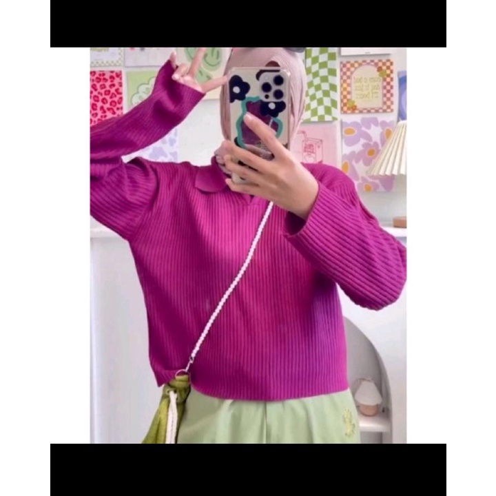 GEANY KERAH POLO / AERIS KNIT TOP / BLOUSE RAJUT KERAH V / COLLAR CROP / KOREAN VNECK CROPTOP / POLO KNIT CROP / ATASAN WANITA BERKERAH POLO / BLOUSE RAJUT