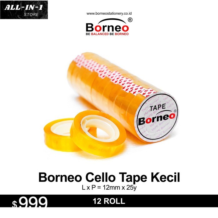 

Borneo 12 Roll Cello Tape Kecil 12mm x 25yard, Solasi bening / Selotip / Solatip Borneo
