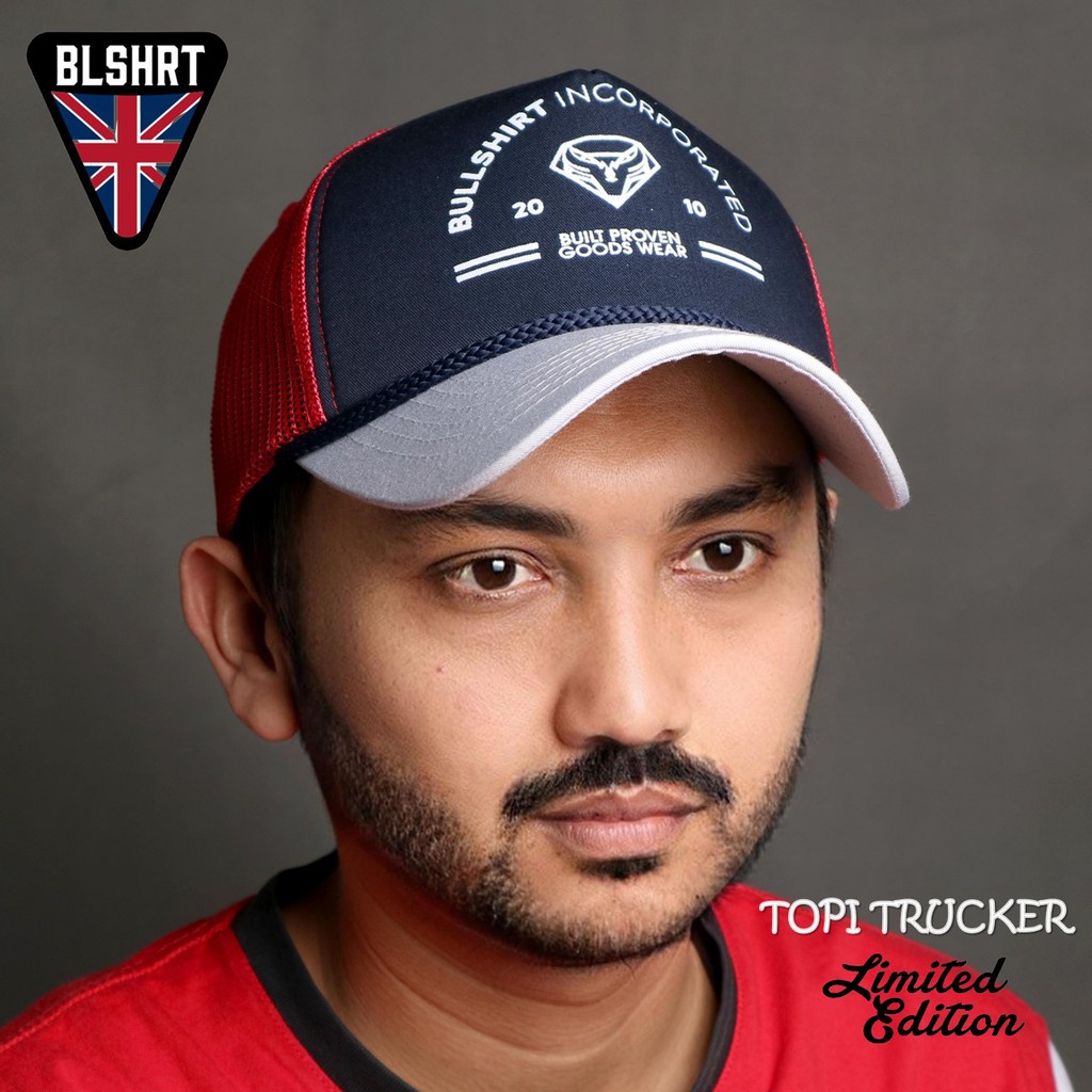 (PREMIUM) TOPI TRUCKER / TOPI JARING / TOPI DISTRO PRIA WANITA BULLSHIRT WARNA NAVY MERAH