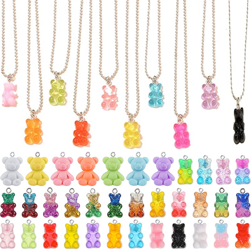 50 Pcs Liontin Kalung Anting Bentuk Kartun Hewan Beruang Mini Warna Permen Bahan Resin