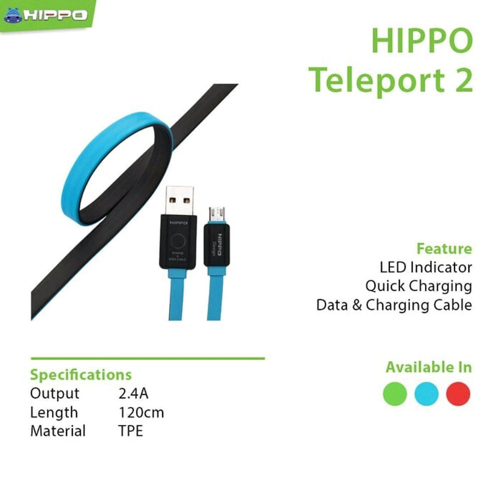 SRS (COD YES) Hippo Kabel Data Charger Teleport 2 Micro USB Cable Fast Charging 120cm - Warna Acak