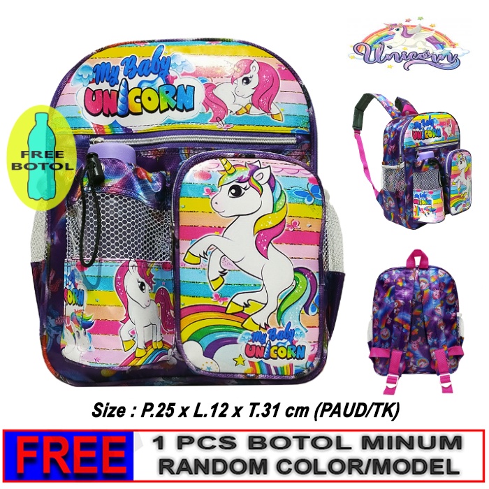 Tas Ransel Mini anak Sekolah PAUD/TK karakter UNICORN free botol // Tas ransel ngaji UNICORN