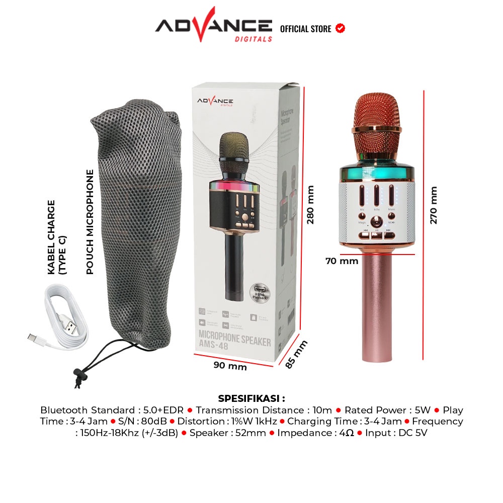 Advance Digitals AMS48 Speaker Microphone Wireless Bluetooth Hi Fi Stereo Sound RGB Karoke Garansi Resmi 1 Tahun