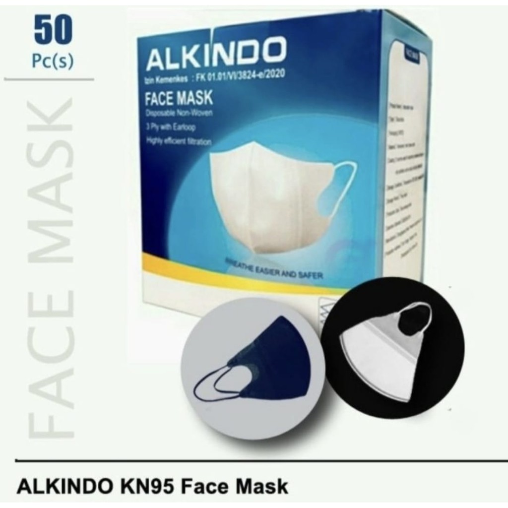 Masker DUCKBILL ALKINDO Putih Hitam 3 Ply Earloop Premium High Quality Per Box Isi 50pcs