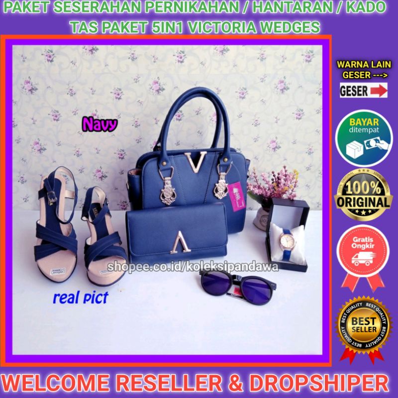 TAS SENDAL WEDGES PAKET SESERAHAN PERNIKAHAN JAM TANGAN DOMPET WANITA KACAMATA SANDAL WEDGES WANITA 