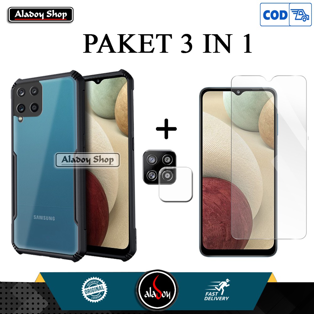 Case Samsung Galaxy A12 Armor Shockproof Casing + Tempered Glass Layar + Tempered Glass Camera