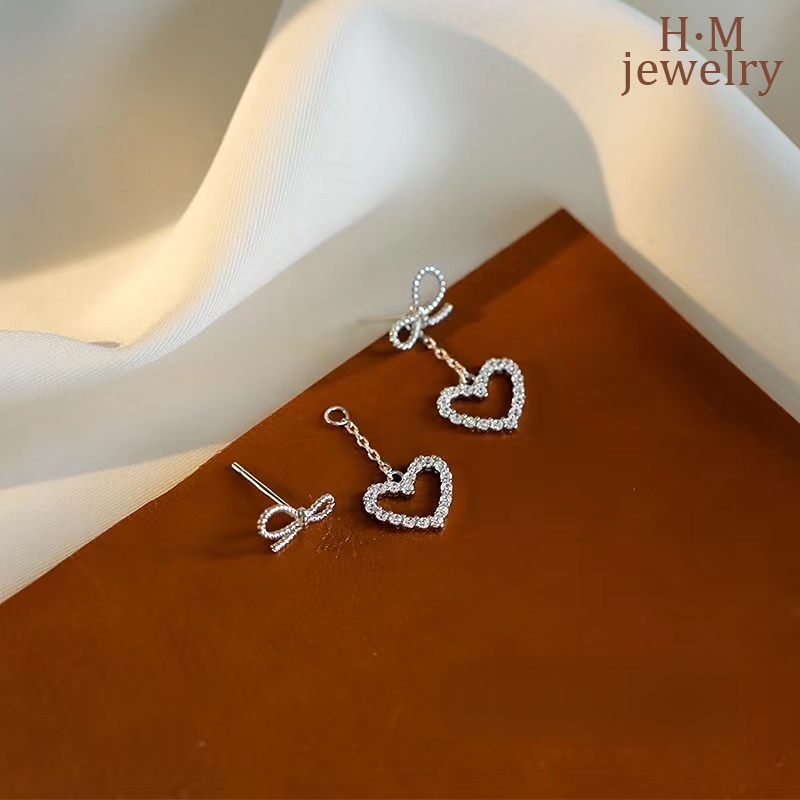 Anting Tusuk Sterling Silver 925 Desain Pita + Hati Hias Berlian Imitasi Untuk Wanita