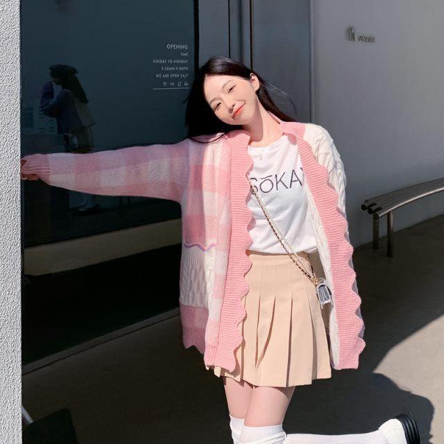 [littlecrab] Cardigan Oversize Biru Putih Knit Two Tone Korea Outer Rajut Gingham Import Berkualitas Korean Style