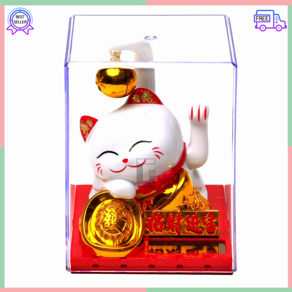 Patung Pajangan Hiasan Boneka Kucing Hoki Lucky Cat Maneki Neko Maneko Neki Keberuntungan Rejeki Rezeki Tangan Goyang Gerak China Cina Jepang Solar Non Baterai Batre Batrai Listrik Meja Toko Kasir Cafe Dashboard Mobil Size Ukuran Small Kecil Sedang Medium