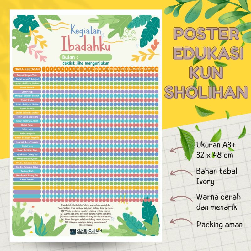Poster Ceklist Ibadah Poster Kegiatan Ibadah | Poster Edukasi Kun Sholihan