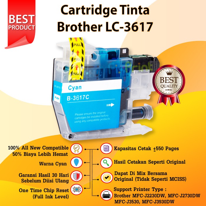 Tinta Compatible Brother LC-3617BK LC3617 Cyan Printer J2230DW J2730DW
