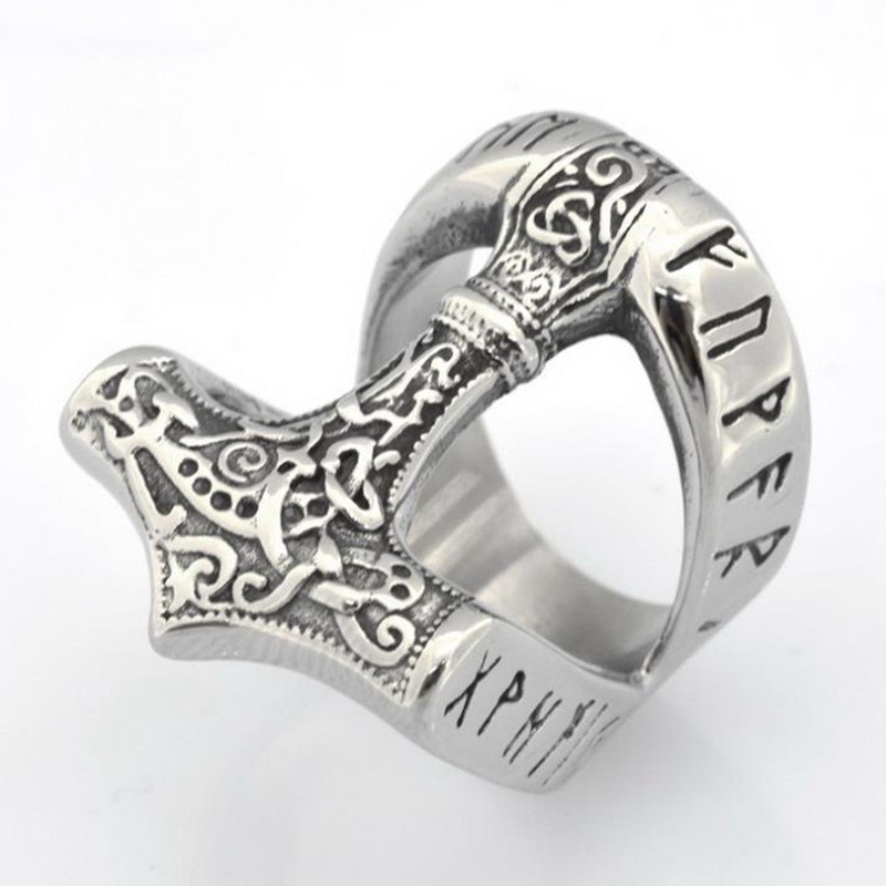 Cincin Silver Bentuk Palu Thor Gaya Punk Viking Untuk Pria