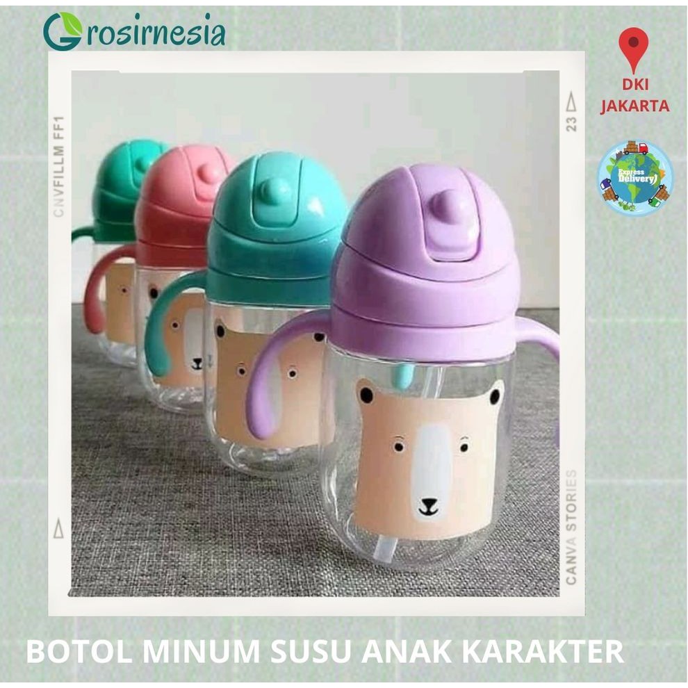 Botol Minum Susu, Air Minum Anak Karakter Beruang Tutup Clip Unik Lucu ( M38 )