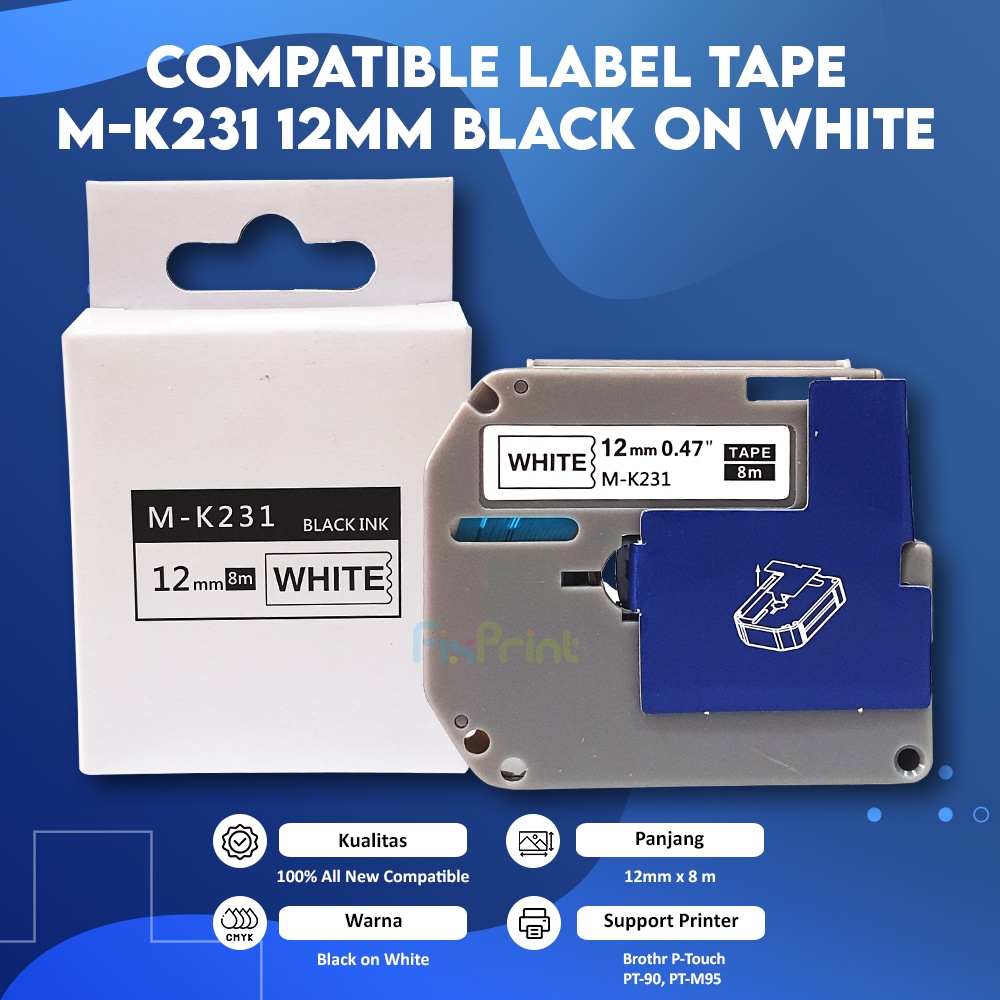 Compatible Label Tape M-K231 12mm Black On White, Casette MK 231 12mm x 8mm Printer Brothr P-Touch PT-90 PT-M95