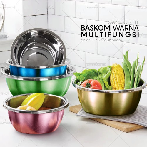 Baskom Besar Warna 40cm Random Multi Fungsi Cuci Sayur Wadah Makanan Mixing Adonan Stainless