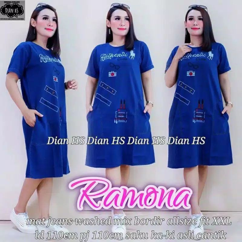 Atasan Dress Jeans Wanita Bordir Kantong ld 110