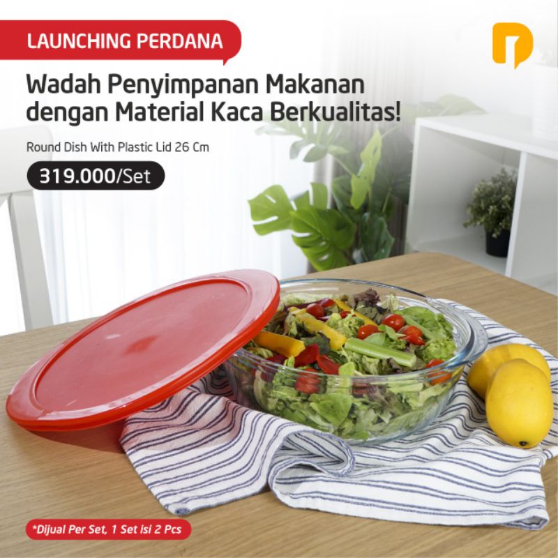 Wadah Kaca Ocuisine Round Dish With Plastic Lid 26 cm