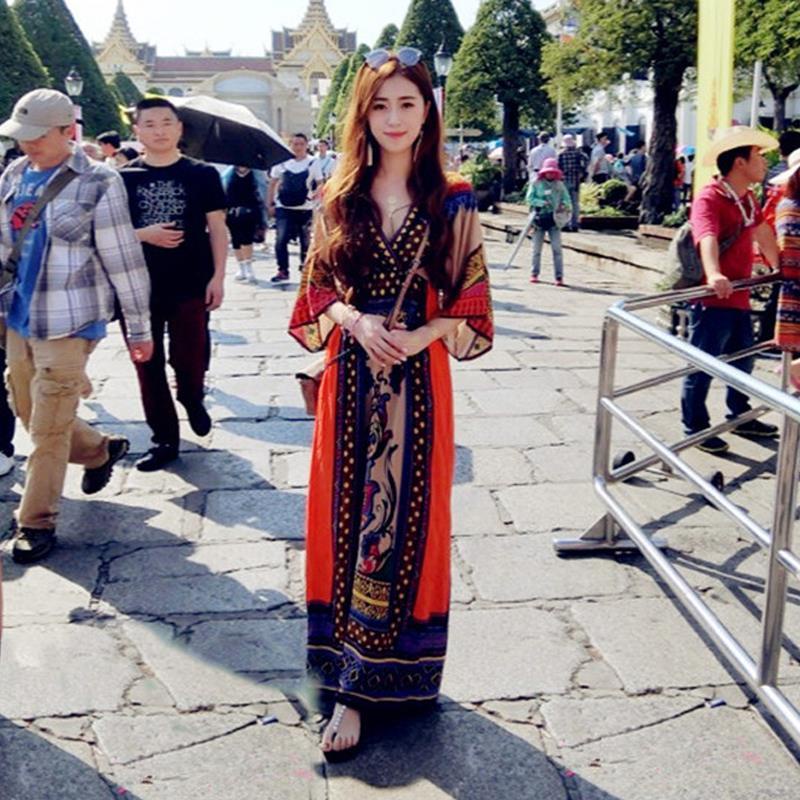 Baju Pantai Wanita Hijab ❐Rok Panjang Gaya Etnik Thailand 2020 Musim Panas Baru Gaun Bohemian Wanita